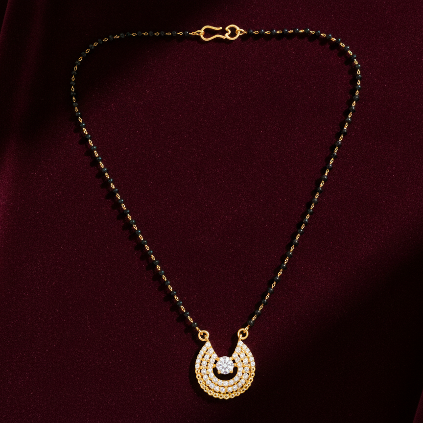 ELURA Designer Black Bead Mangalsutra with Cubic Zirconia Pendant