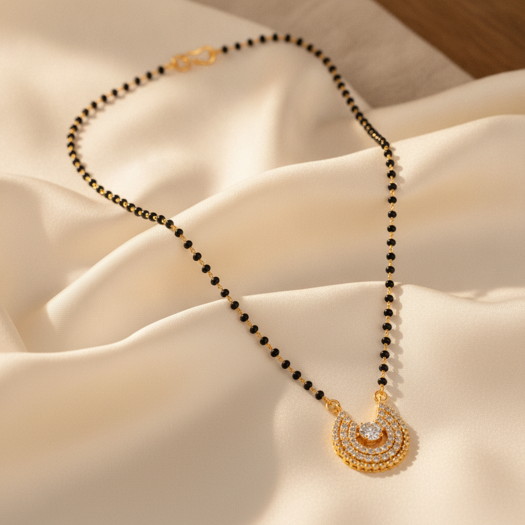ELURA Designer Black Bead Mangalsutra with Cubic Zirconia Pendant
