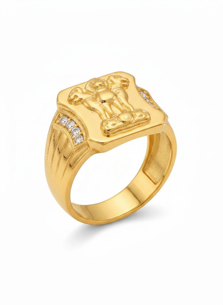 Elura Royal Ashoka Lion Emblem Gold Signet Ring for Men
