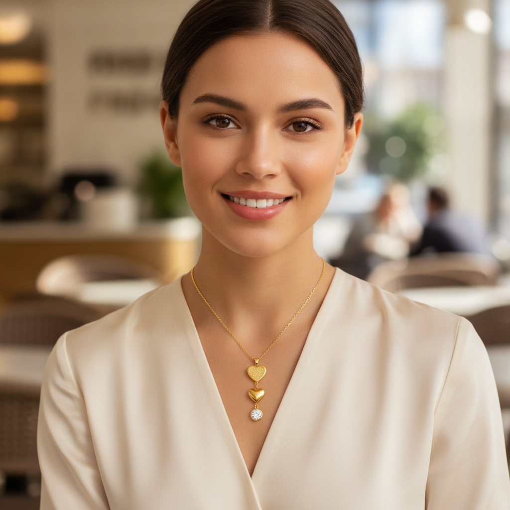 Golden Double Heart Crystal Pendant Necklace for Women