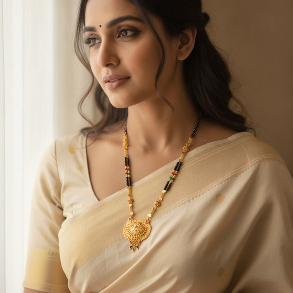 ELURA Royal Heritage Black Bead Mangalsutra with Antique Peacock Pendant
