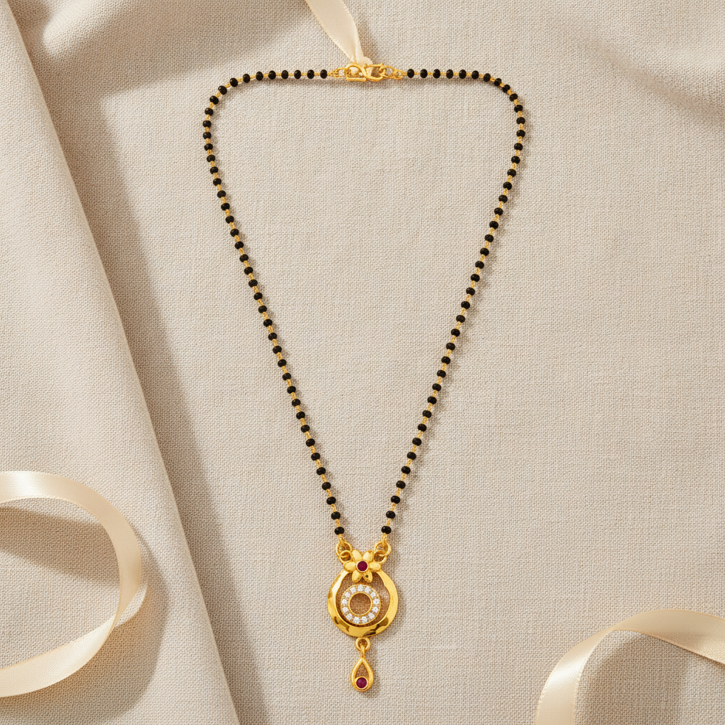 ELURA Traditional Gold-Tone Mangalsutra with Floral Crystal Pendant