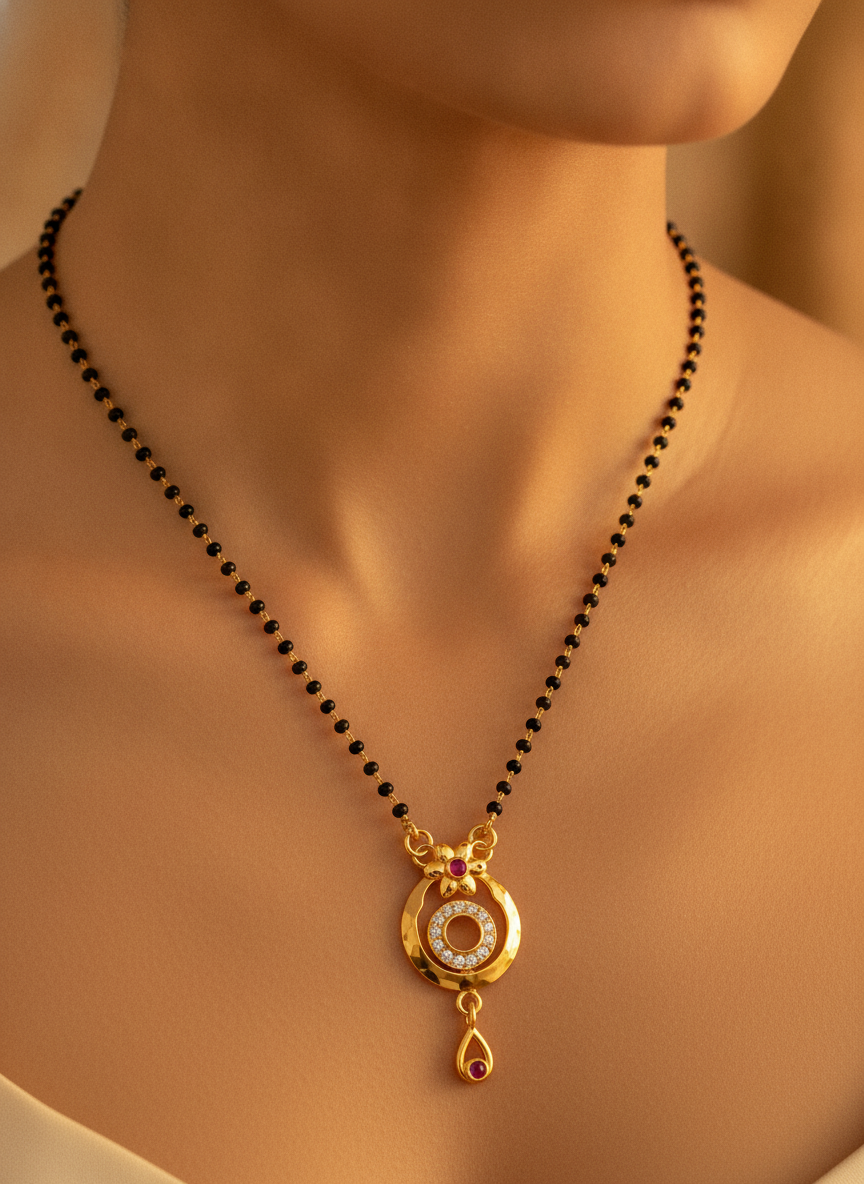 ELURA Traditional Gold-Tone Mangalsutra with Floral Crystal Pendant