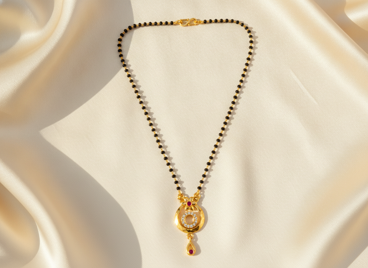 ELURA Traditional Gold-Tone Mangalsutra with Floral Crystal Pendant
