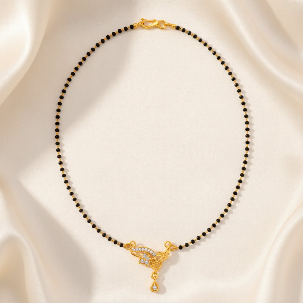 ELURA Designer Black Bead Mangalsutra with CZ Leaf Pendant
