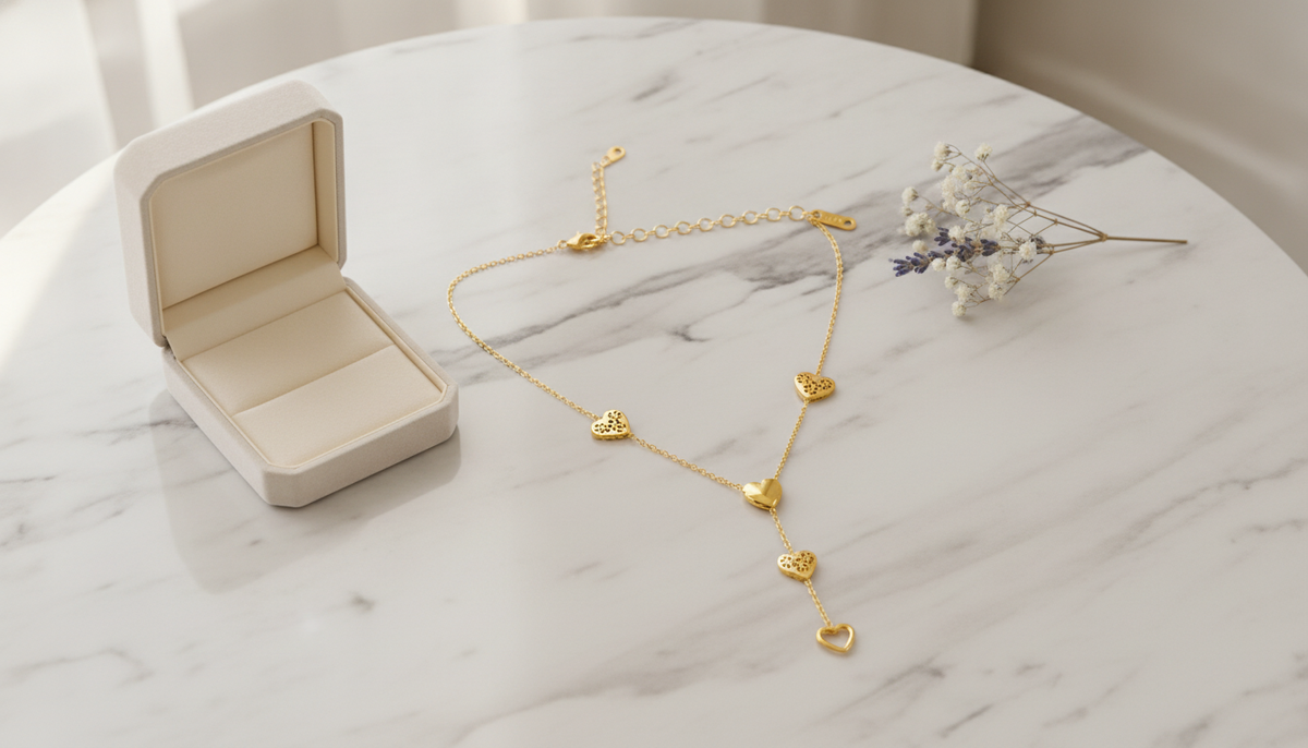 Golden Love Heart Lariat Necklace for Women