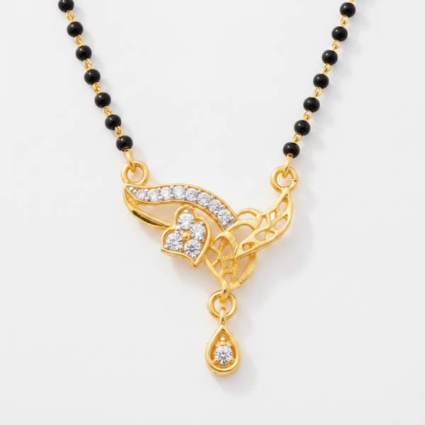 ELURA Designer Black Bead Mangalsutra with CZ Leaf Pendant