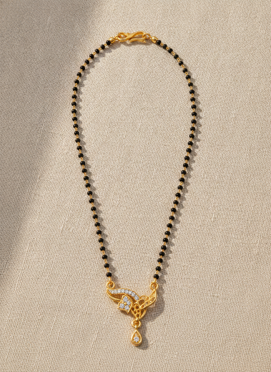 ELURA Designer Black Bead Mangalsutra with CZ Leaf Pendant