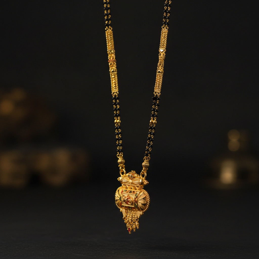 ELURA Traditional Multi-Strand Black Bead Mangalsutra with Antique Barrel Pendant