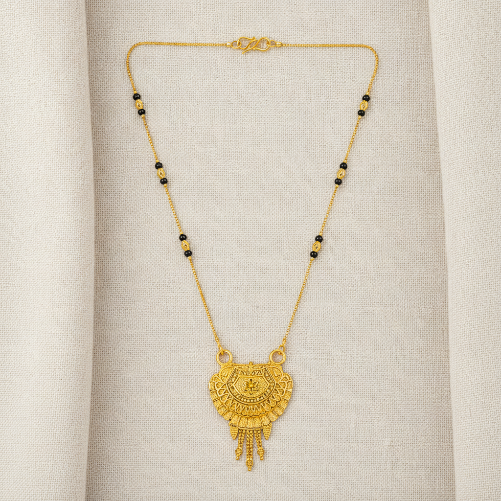 Traditional Black Bead Mangalsutra with Antique Floral Pendant