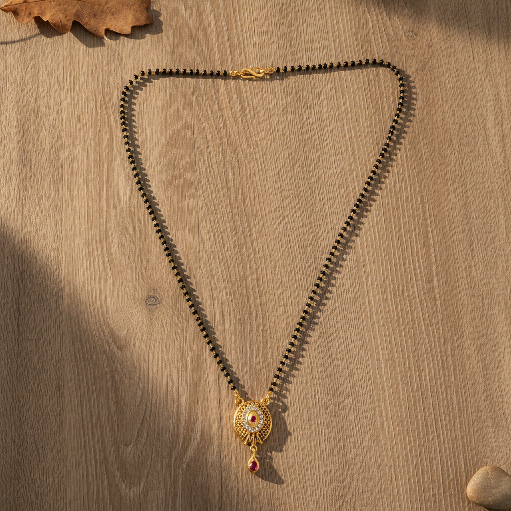 ELURA Antique Style Black Bead Mangalsutra with CZ & Ruby Pendant