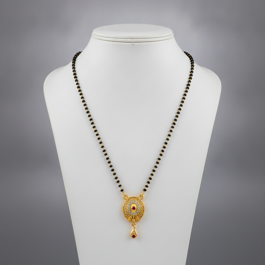 ELURA Antique Style Black Bead Mangalsutra with CZ & Ruby Pendant