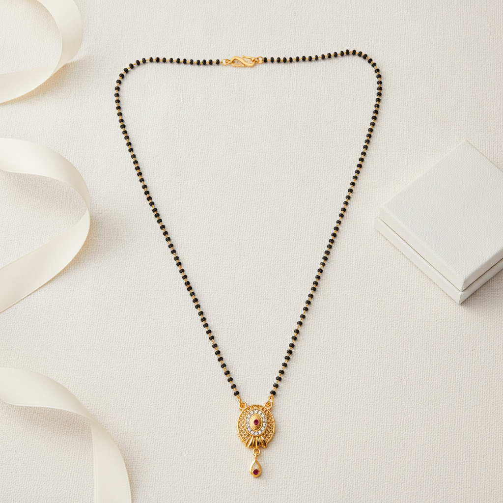 ELURA Antique Style Black Bead Mangalsutra with CZ & Ruby Pendant