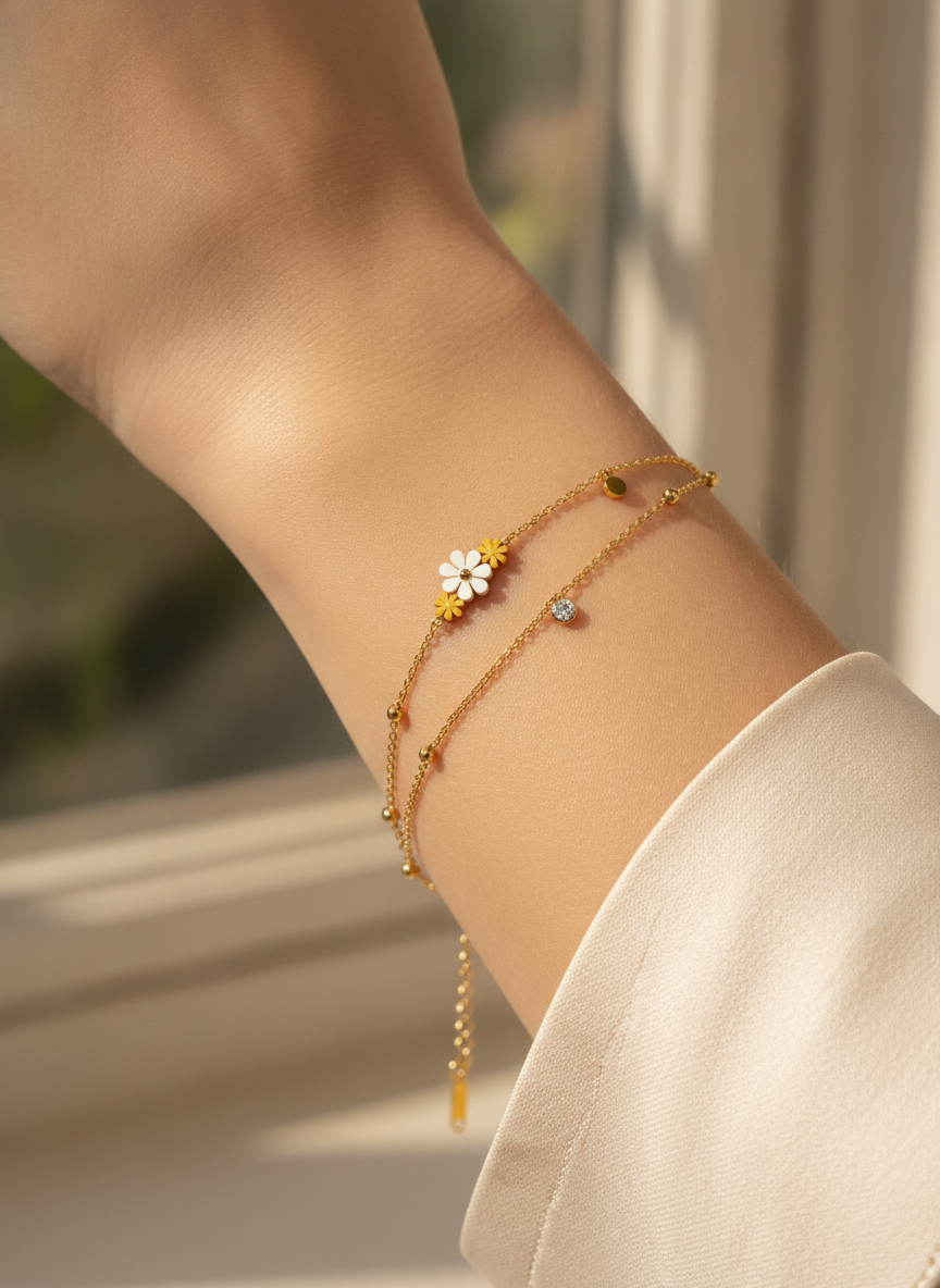 ELURA Double Layer Daisy Charm Bracelet for Women