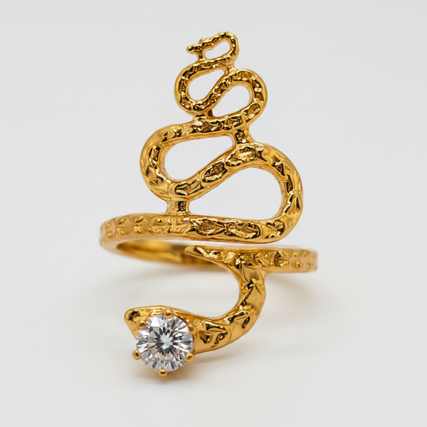 Designer Anti-Tarnish Serpent Coil Ring with CZ Stone