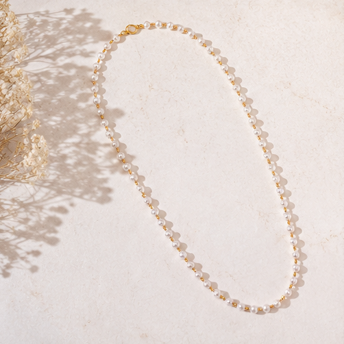 ELURA Elegant White Pearl & Gold Bead Chain for Women