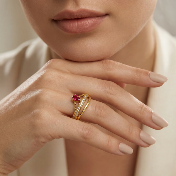 ELURA Elegant Ring with Pink Pear-Cut Crystal & Sparkling CZ Stones